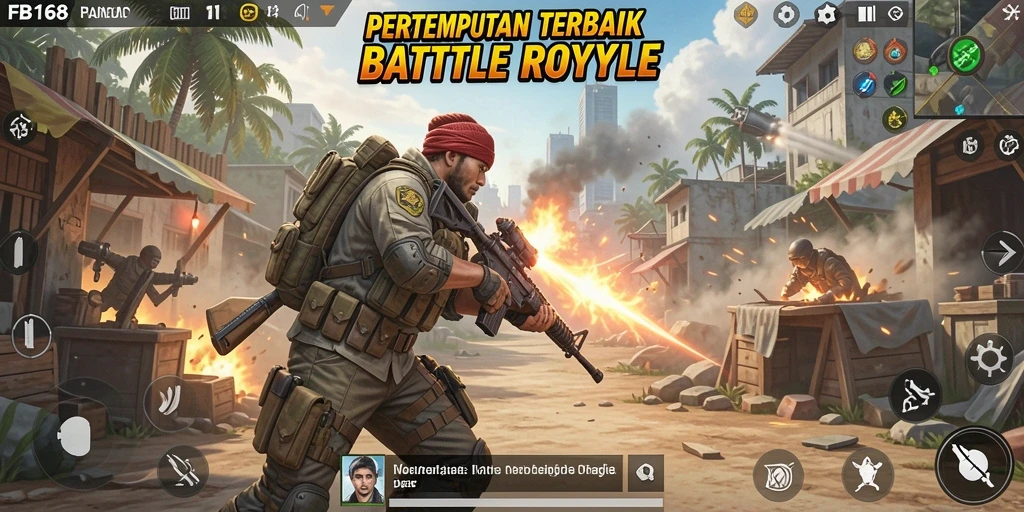 Screenshot FB168 menampilkan aksi pertempuran intens dalam Battle Royale.