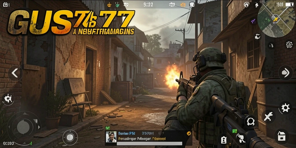 Tampilan gameplay menegangkan dalam GUS77 saat bertarung melawan musuh.
