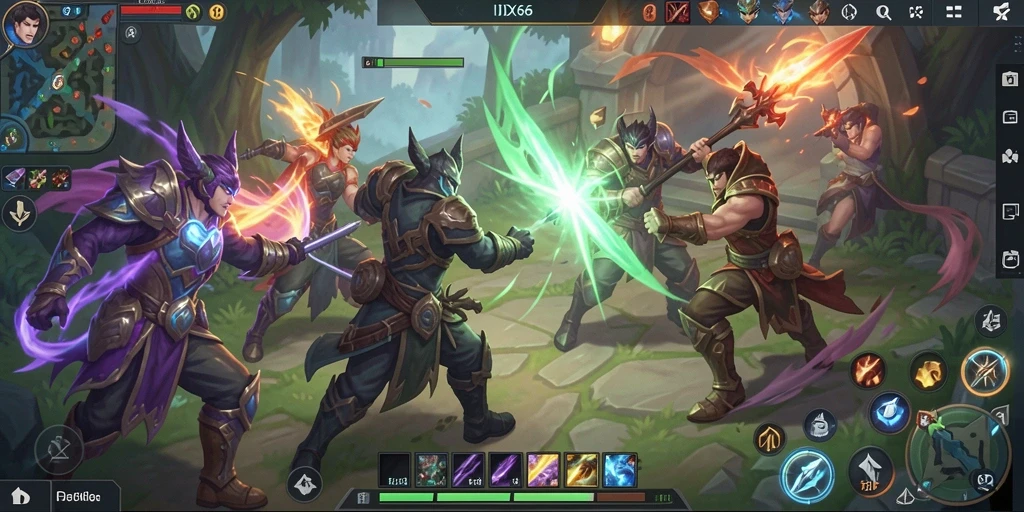 Tangkapan layar gameplay menampilkan aksi seru di medan perang MOBA.