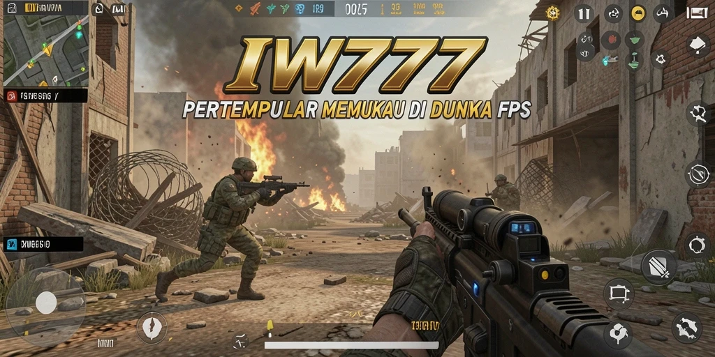 Screenshot IW777 menampilkan pertempuran intens di arena FPS.