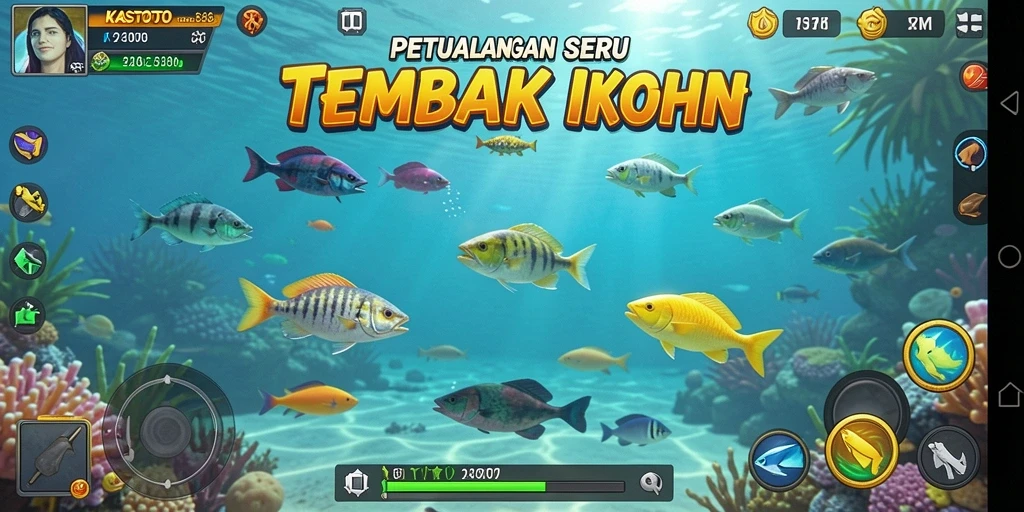Tampilan game KASTOTO yang menampilkan aksi Tembak Ikan yang seru.