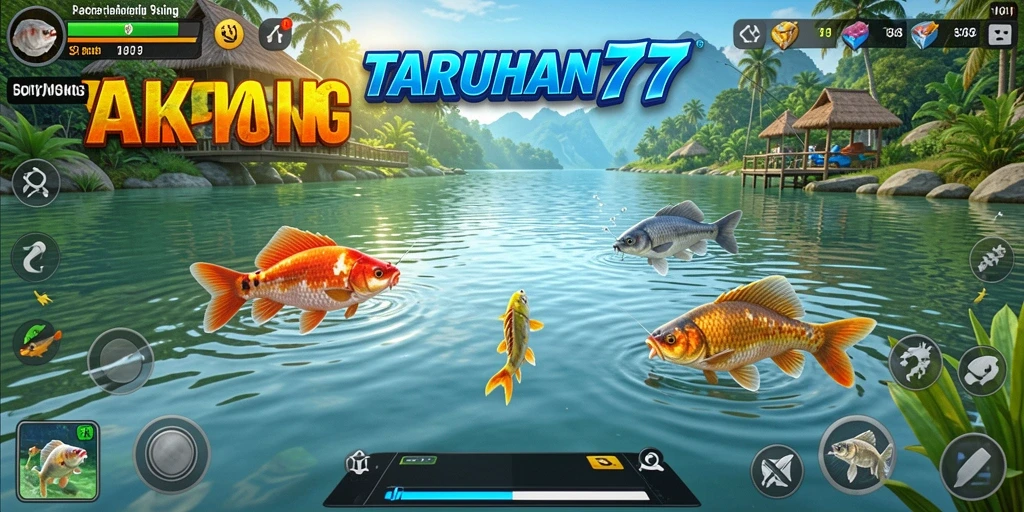 Screenshot TARUHAN77 menampilkan pemain tengah memancing dengan latar yang indah.