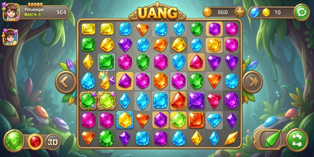 Tampilan gameplay UANG yang menarik dengan berbagai permata berwarna.